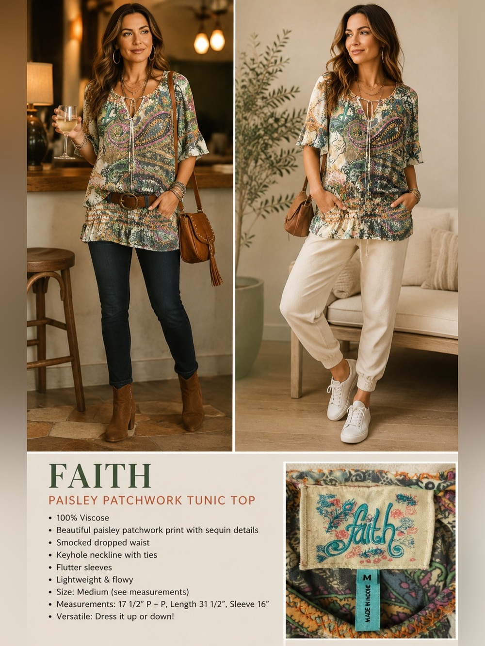 Paisley Tie-Neck Tunic Top in Multi-Color